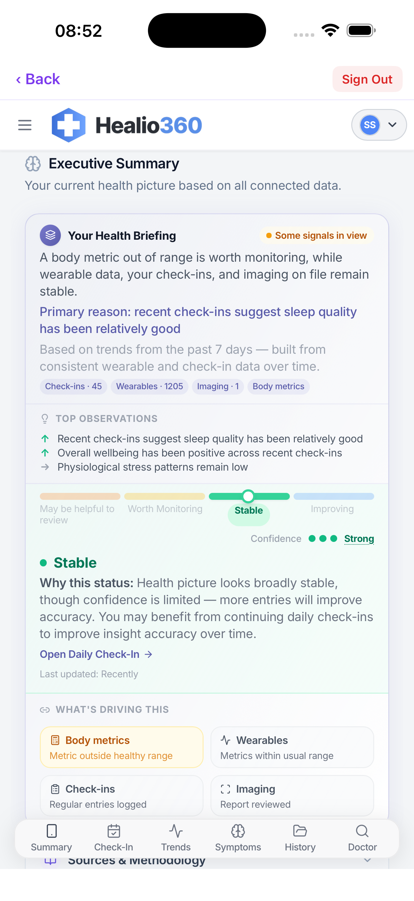 Example Health Briefing screen with current picture, observations and source groups