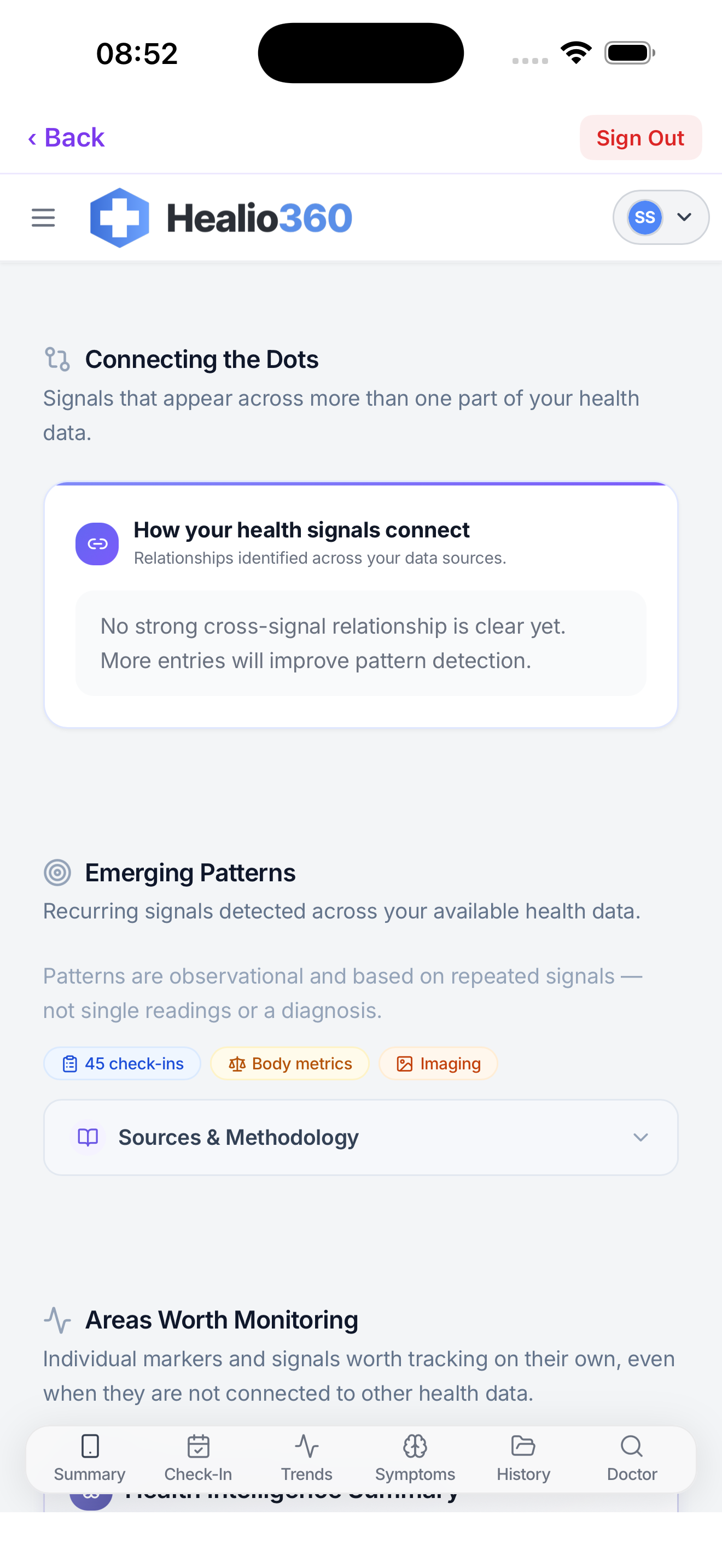 Example Health Intelligence connected signals screen