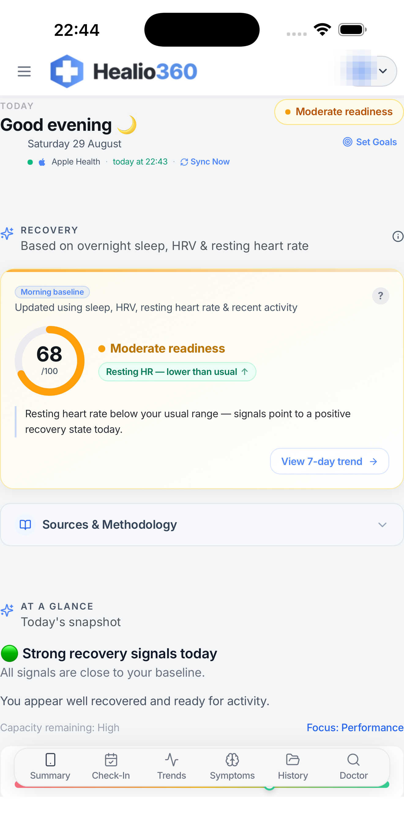 Healio360 Today: recovery readiness 68, based on overnight sleep, HRV and resting heart rate