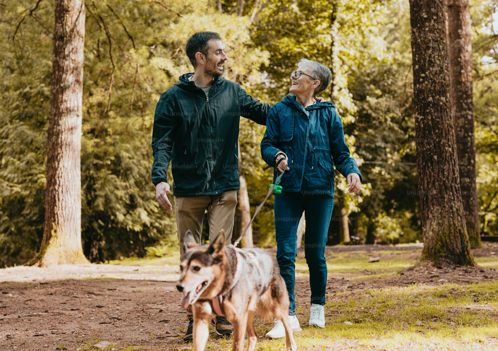An adult couple walking with a dog through a forest